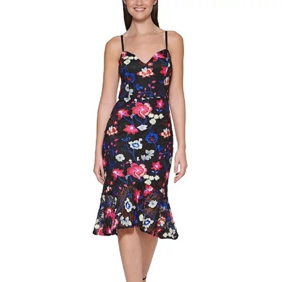 GUESS Embroidered Lace Midi Dress Black Multi Size 14 - Picture 1 of 3